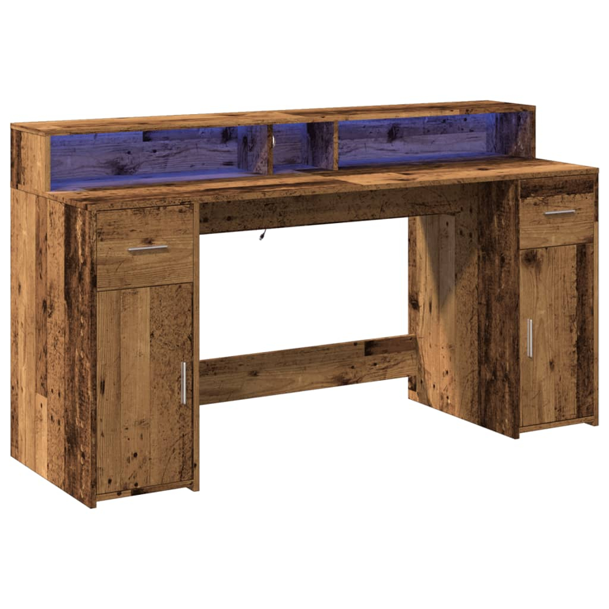 Rustikaler Schreibtisch aus Holz mit Schubladen, Schränken und blauer LED-Beleuchtung.