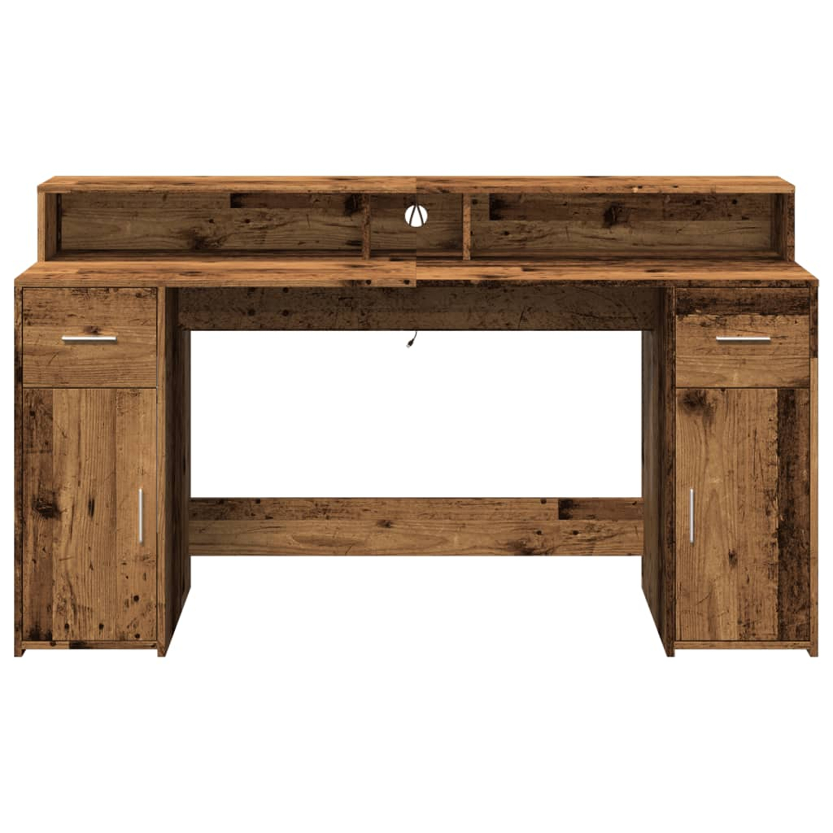 Ein rustikaler Schreibtisch aus Holz mit Schubladen und Fächern.