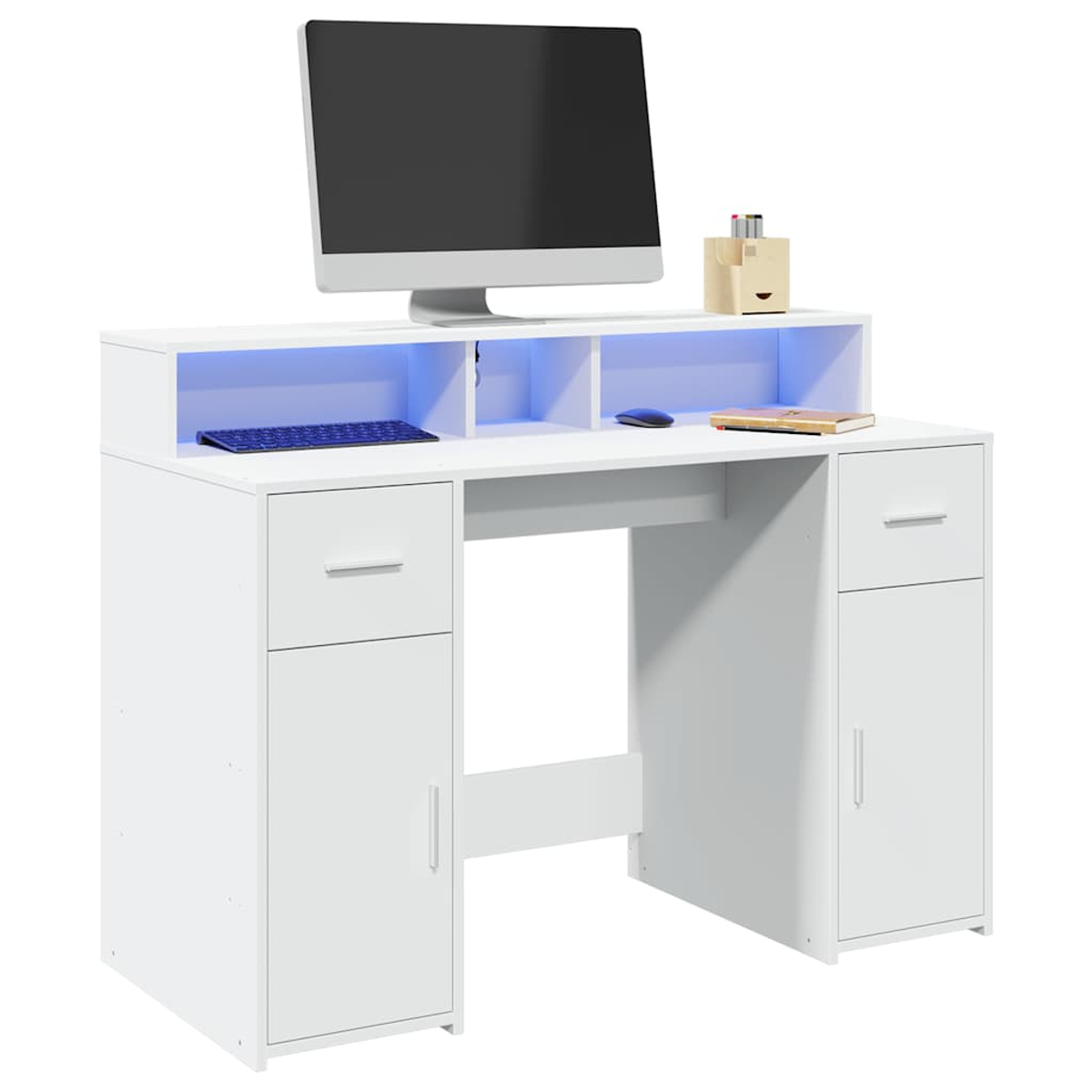 Ein weißer Schreibtisch mit Computermonitor, Tastatur, Maus und Büchern.