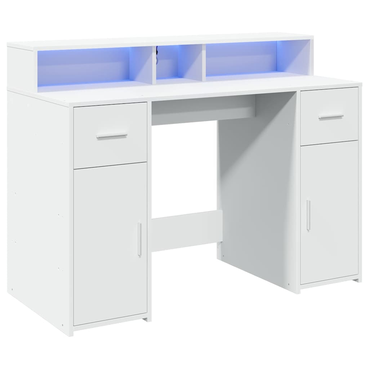 Ein weißer Schreibtisch mit Schubladen, Türen und blauer Beleuchtung.