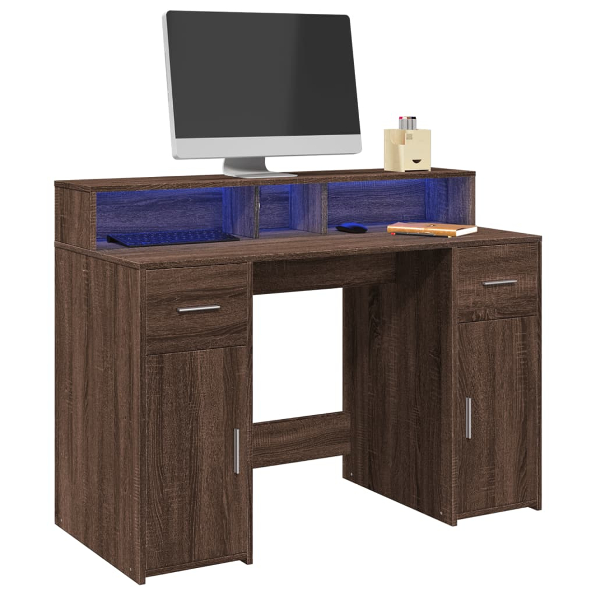 Dunkelbrauner Schreibtisch mit Monitor, Tastatur und blau beleuchteten Fächern.