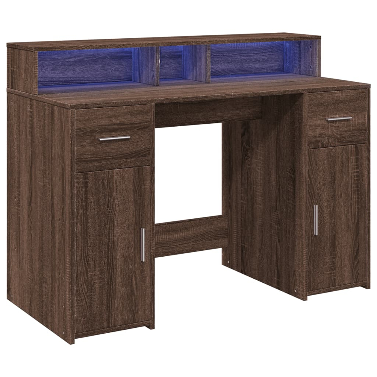 Ein Schreibtisch aus dunklem Holz mit Aufsatz, Schubladen, Schränken und blauer LED-Beleuchtung.