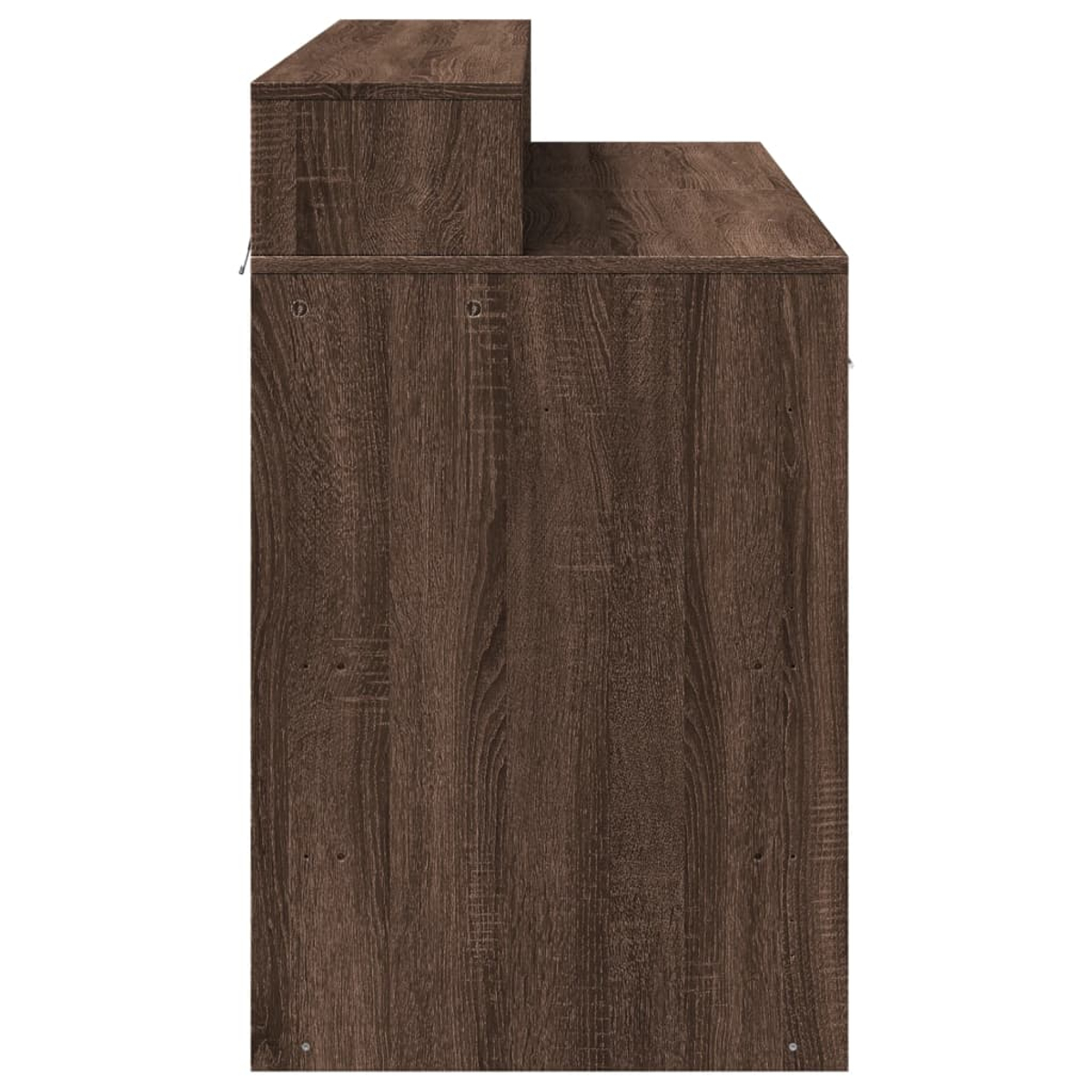 Dunkelbraunes Holzregal mit zwei Ebenen, von der Seite gesehen.
