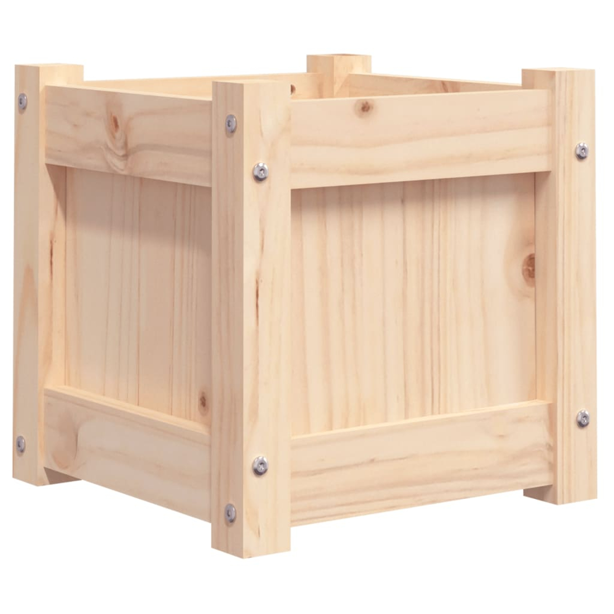 Ein naturbelassener Holzbehälter mit vier vertikalen Stützen und seitlichen Brettern.