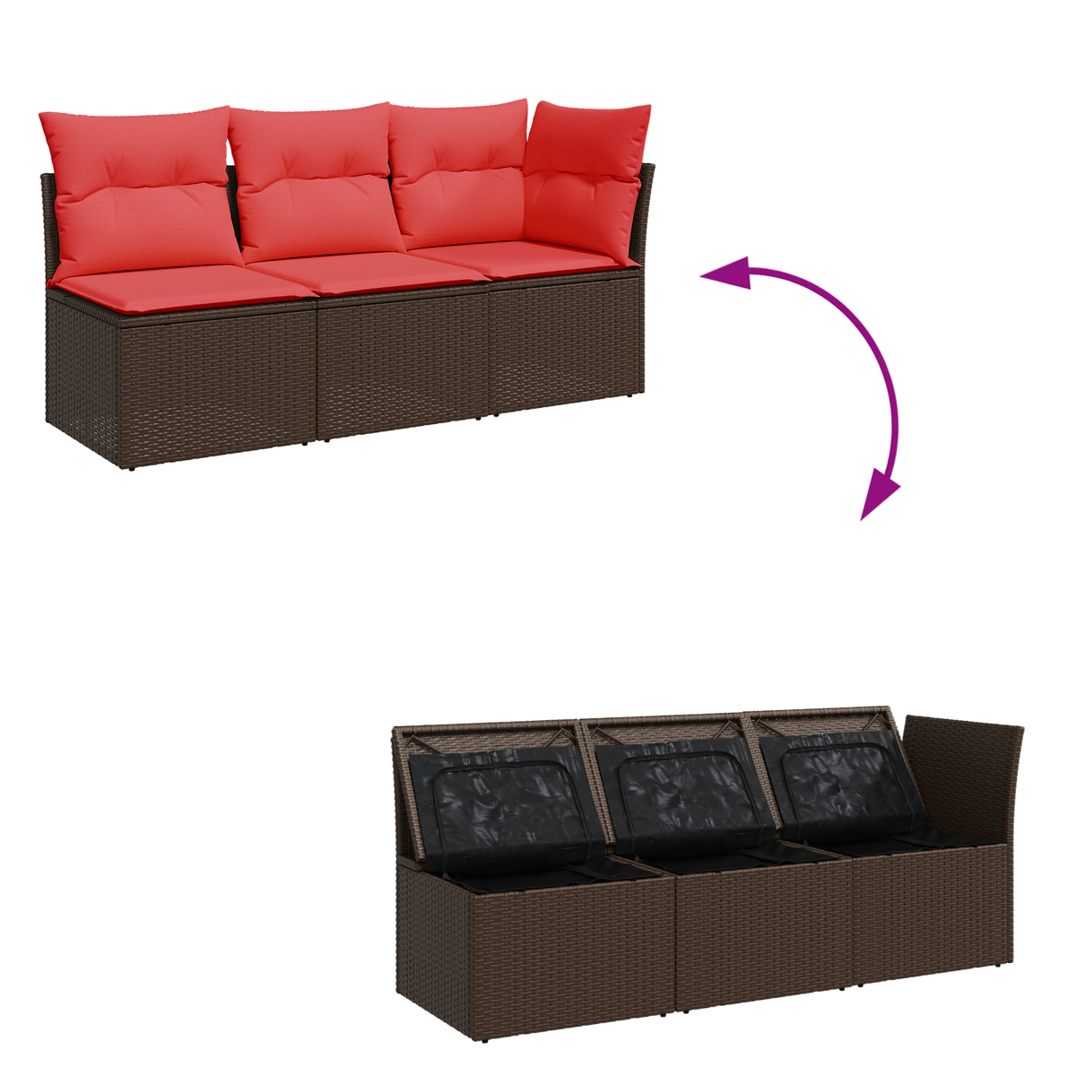 Braune Rattan-Sitzbank mit roten Kissen und offenem Stauraum.