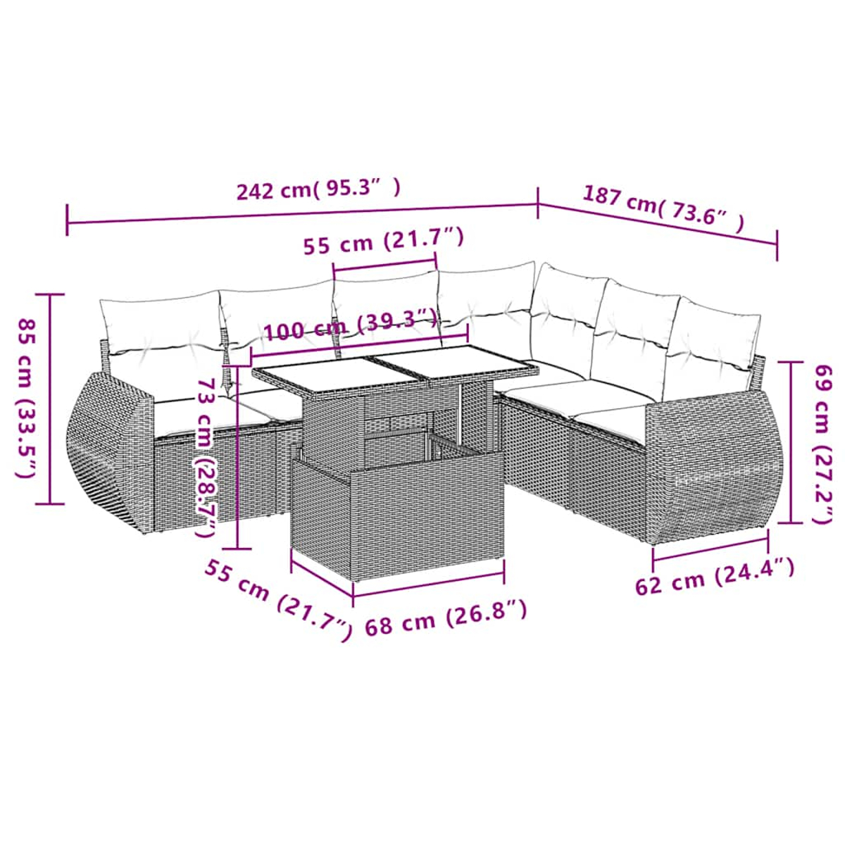 Geflochtenes Lounge-Set mit Kissen und Tisch, Maße sind angegeben.