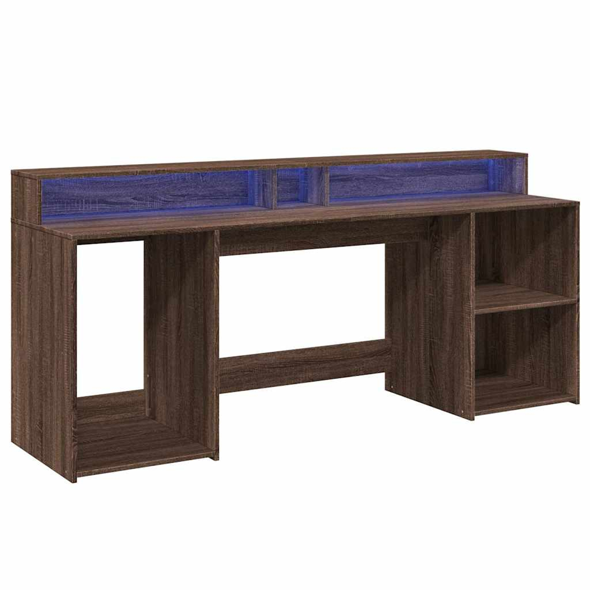 Dunkelbrauner Schreibtisch mit blauem LED-Licht auf der Oberseite und offenen Regalen.