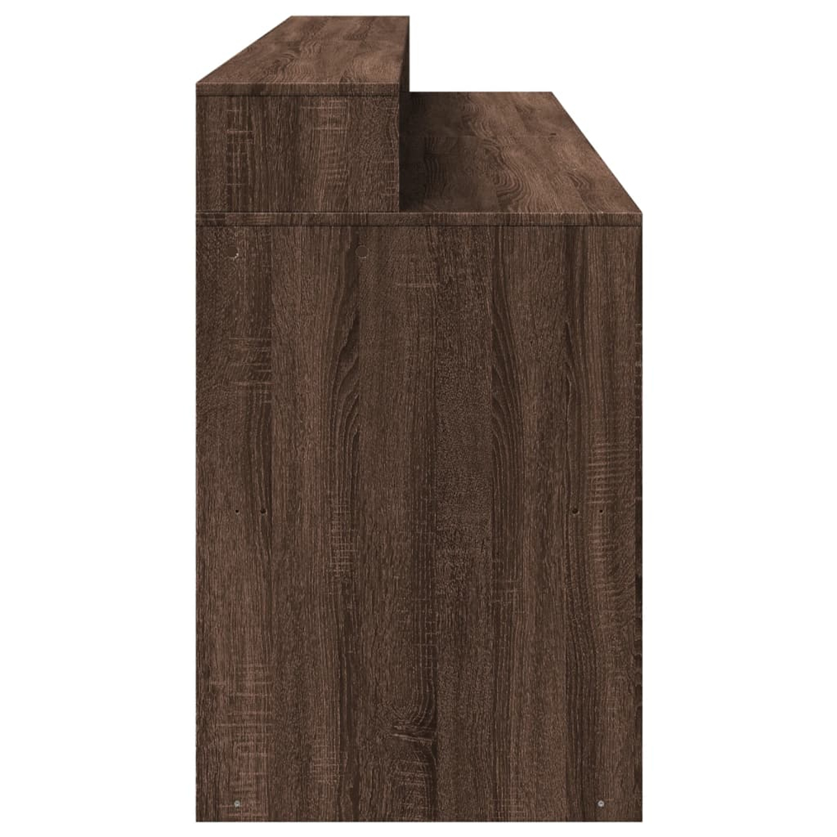 Dunkelbraunes Holzmöbel mit einer Stufe, von der Seite gezeigt.