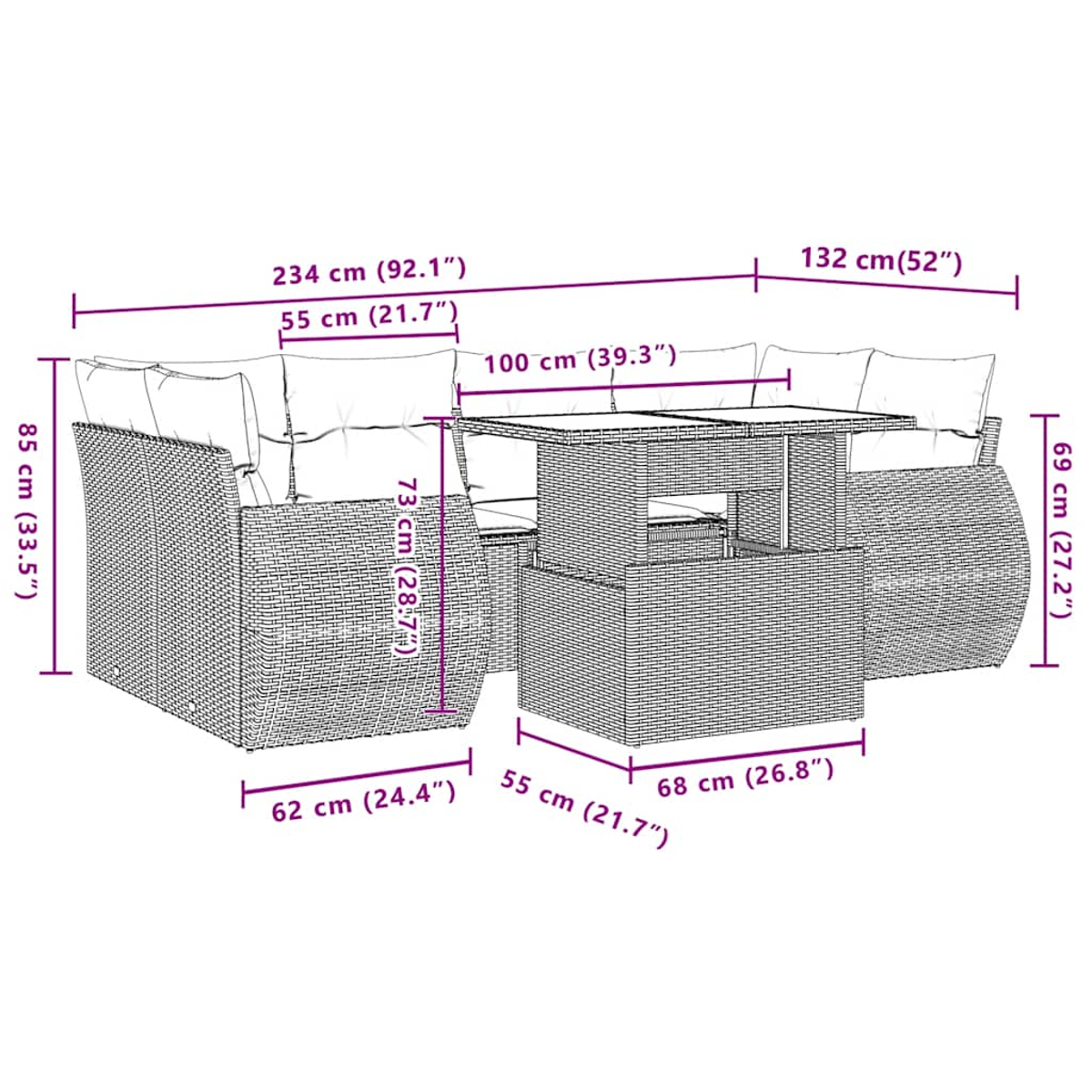 Geflochtenes Lounge-Set mit Tisch. Maße: L 234 cm, H 85 cm, B 132 cm.