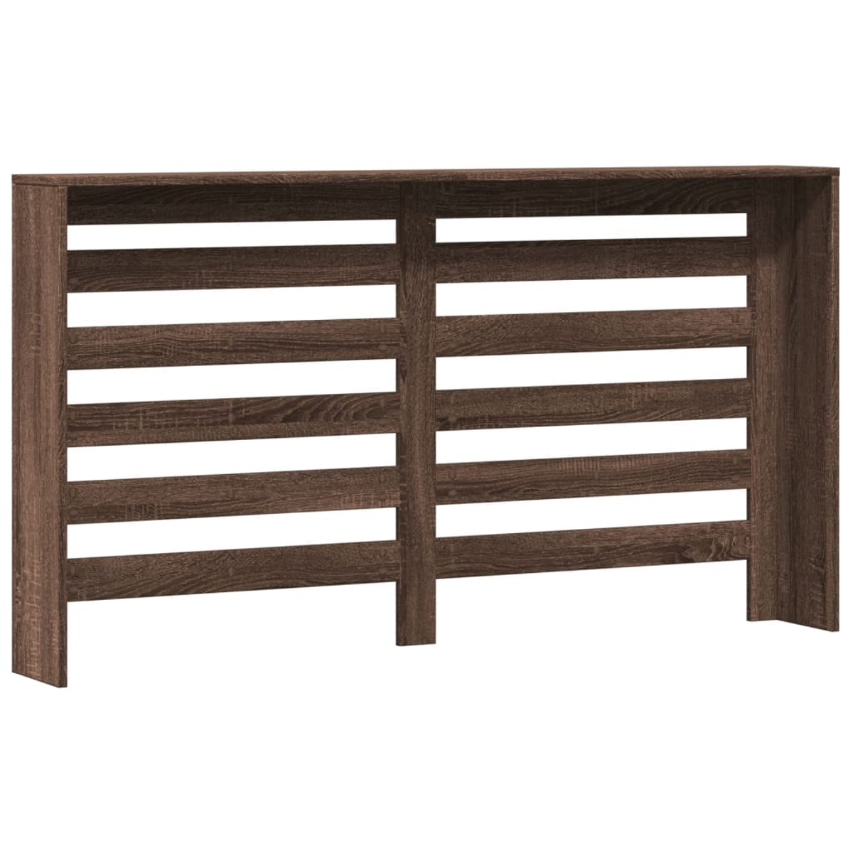 Dunkelbraune Holzkonsole mit horizontalen Lamellen und offenen Fächern.