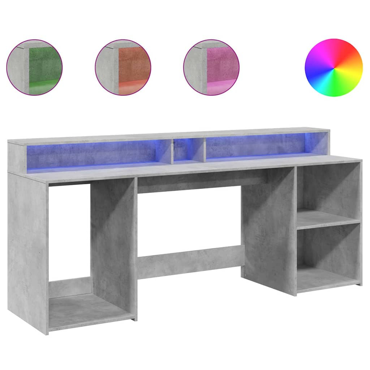 Ein grauer Schreibtisch mit Regalen und blauer LED-Beleuchtung.