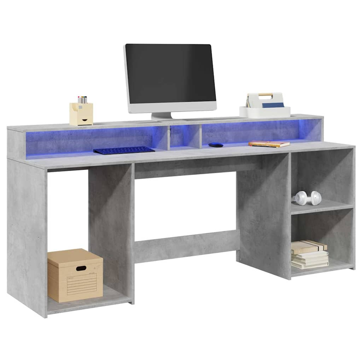 Ein grauer Schreibtisch mit Monitor, Tastatur, Maus, Kiste und Kopfhörern. Blaue Lichter leuchten.