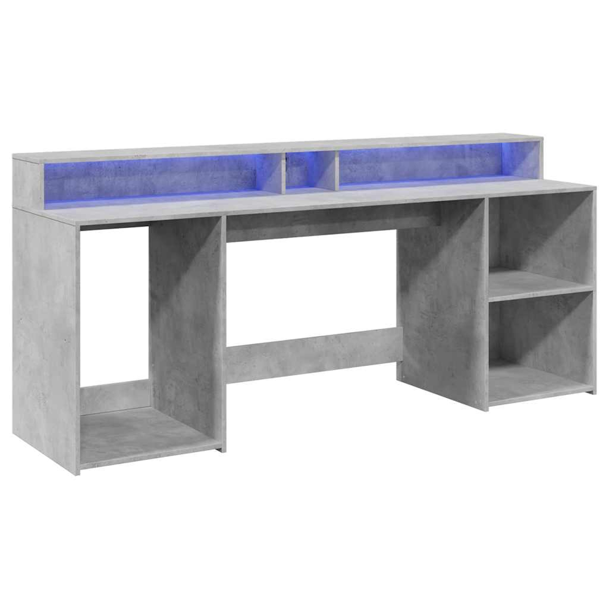 Grauer Schreibtisch mit blau beleuchtetem Regal und offenen Fächern.