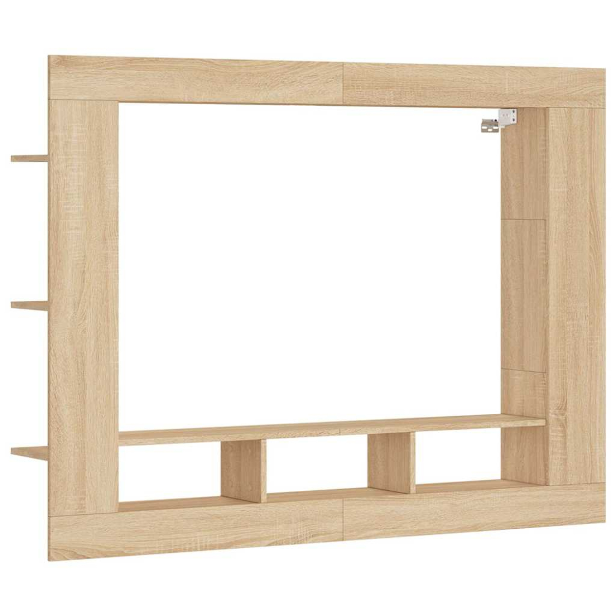 Holzregal mit offenen Fächern und schwebenden Regalen.