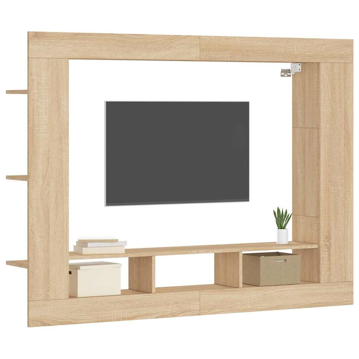 Ein helles Holz-TV-Möbel mit einem dunklen Bildschirm, Büchern, Kisten und einer Pflanze.