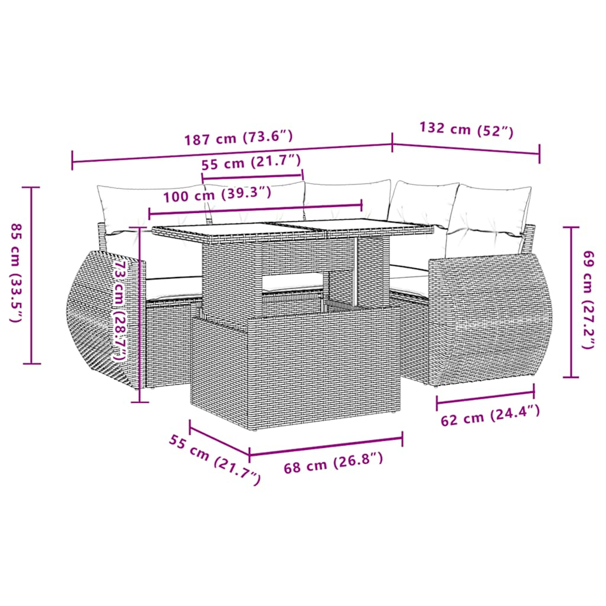 Rattan-Gartenmöbel-Set mit abgebildeten Maßen. Enthält Sofa, Tisch und Stühle.