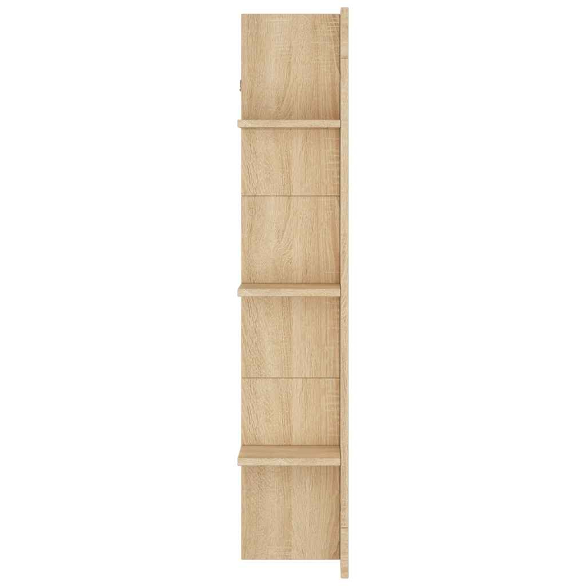 Ein schmales, hellbraunes Holzregal mit fünf
Über­sch la­gen nebeneinander.