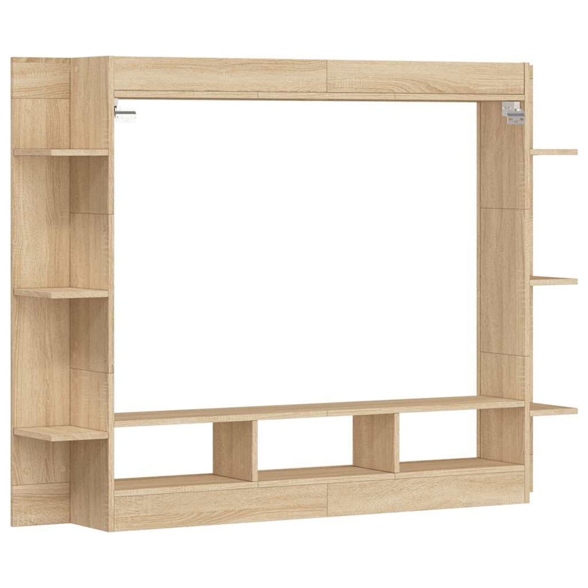Helles Holz-TV-Möbel mit Regalen und Fächern.