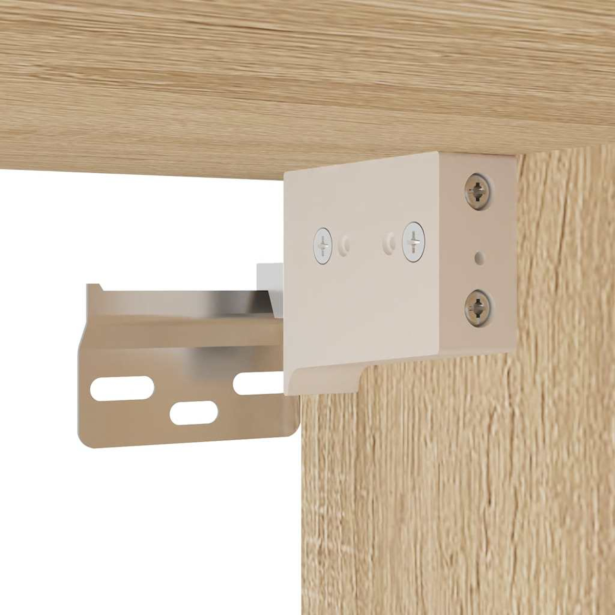 Ein weißer Block mit Schrauben ist an einem Holzboden befestigt, mit einer Metallhalterung.