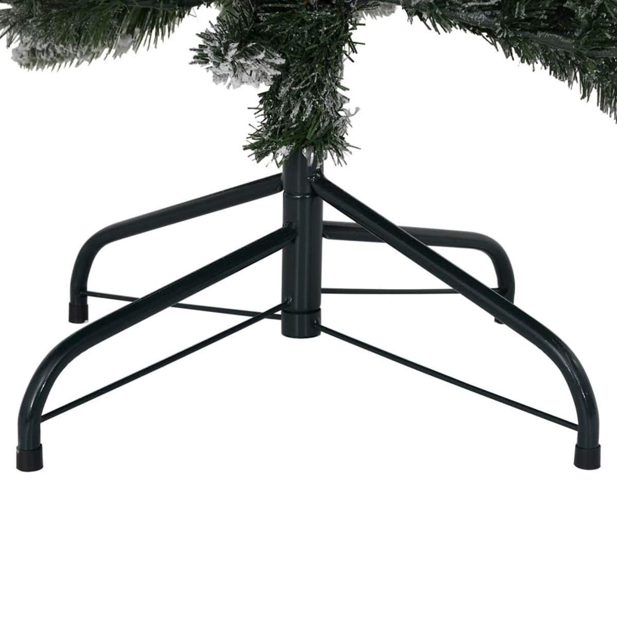 Ein dunkelgrüner Metall-Weihnachtsbaumständer mit vier Beinen und einer Mittelstange.