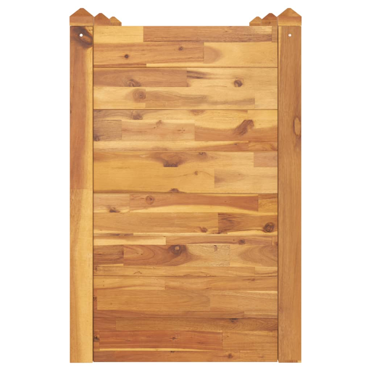 Ein hölzerner Torflügel aus braunen Holzlatten mit vertikalen Rahmen und Zinnen.