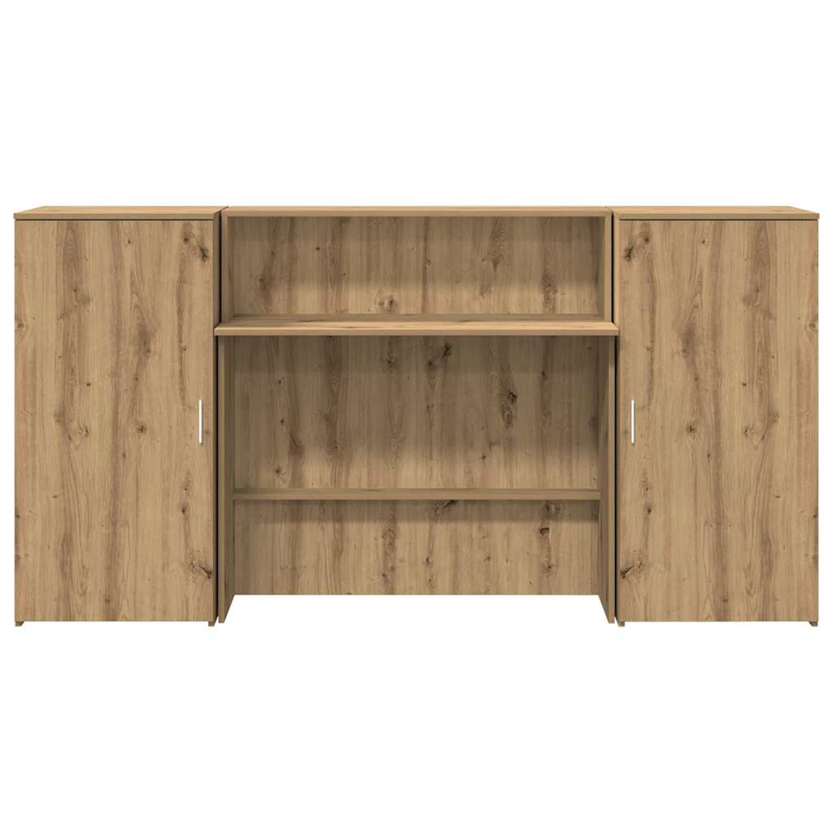 Ein hölzerner Schrank mit drei offenen Fächern und zwei Türen.