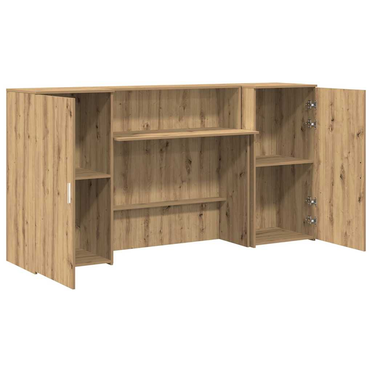 Offenes Holzregal mit zwei Türen links und rechts, drei Fächer.