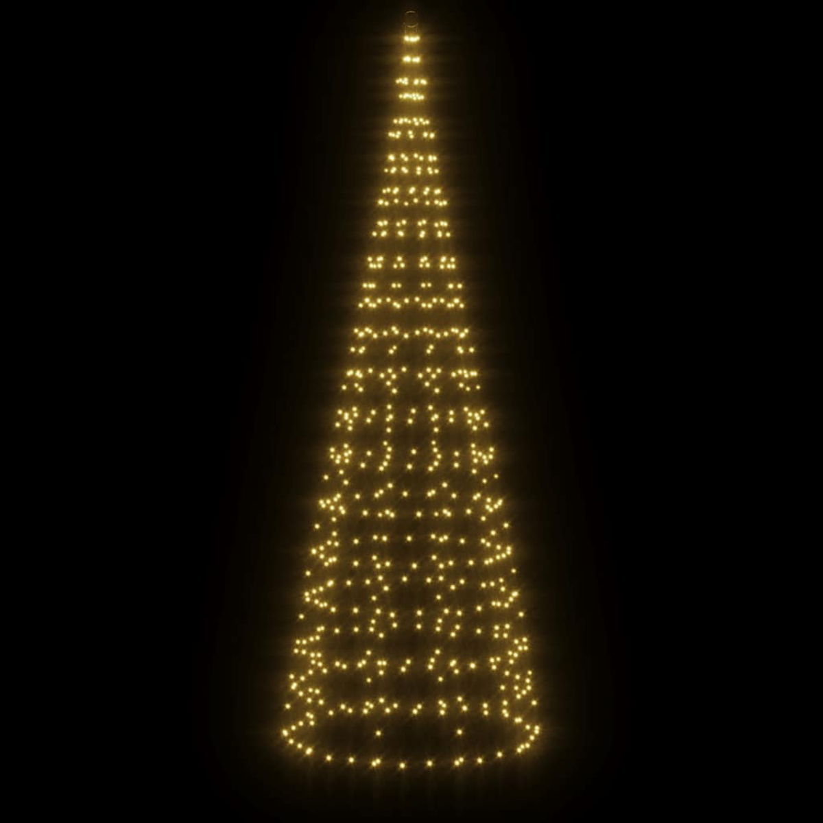 Ein konischer Baum aus gelben Lichtern auf schwarzem Hintergrund.