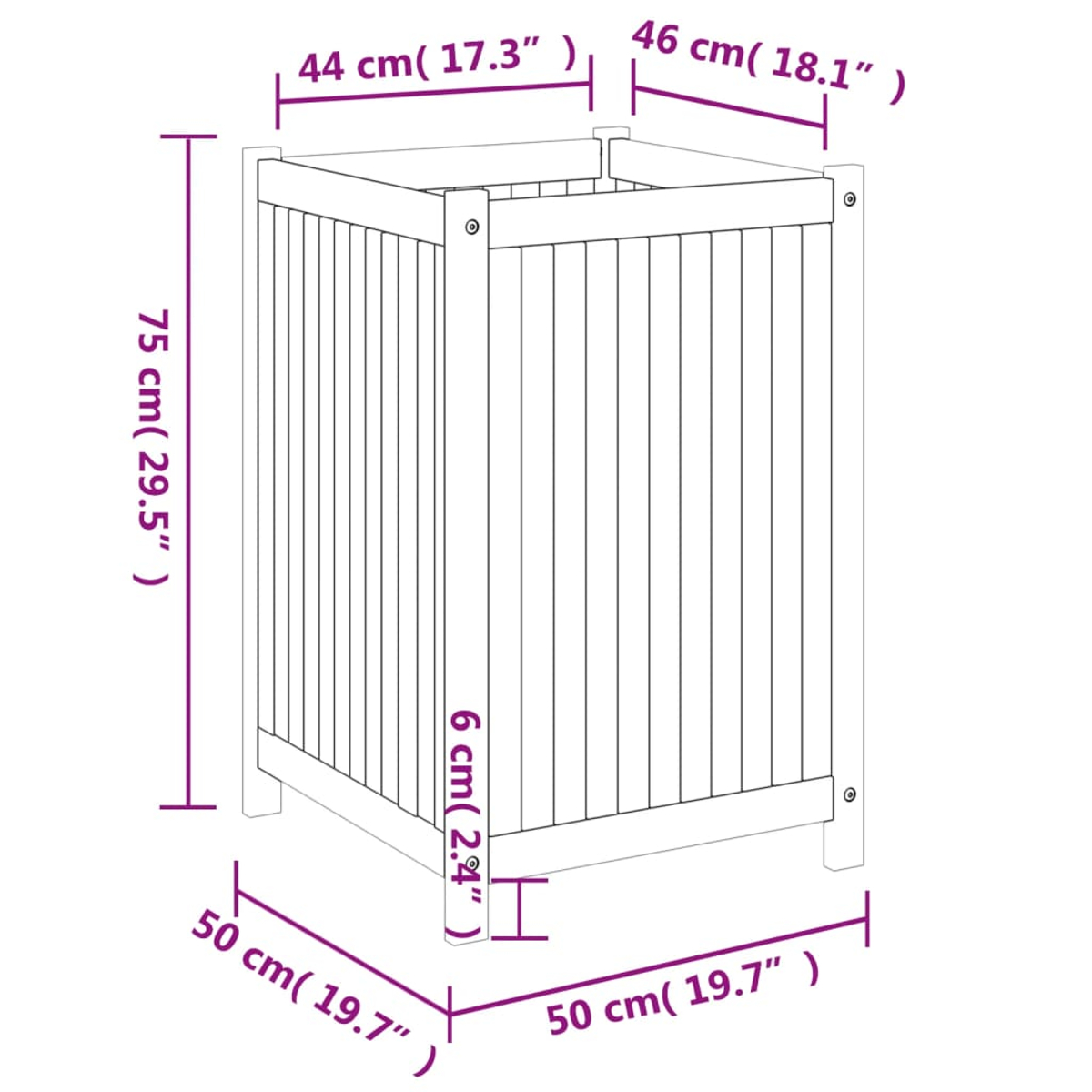 Holzbox mit Maßen: Höhe 75 cm, Breite 46 cm, Tiefe 50 cm.