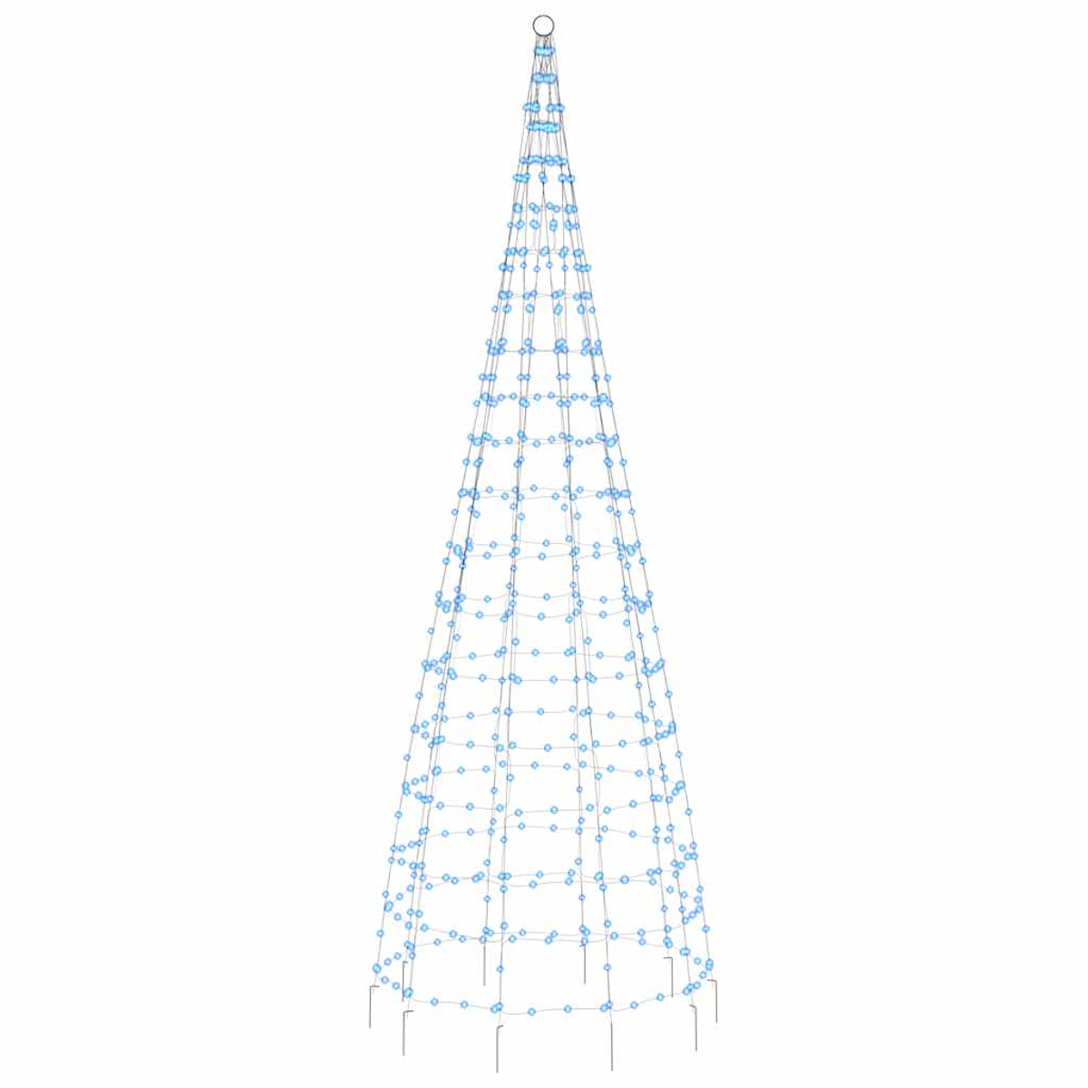 Ein kegelförmiger Weihnachtsbaum-Rahmen mit blauen Lichtern auf weißem Hintergrund.