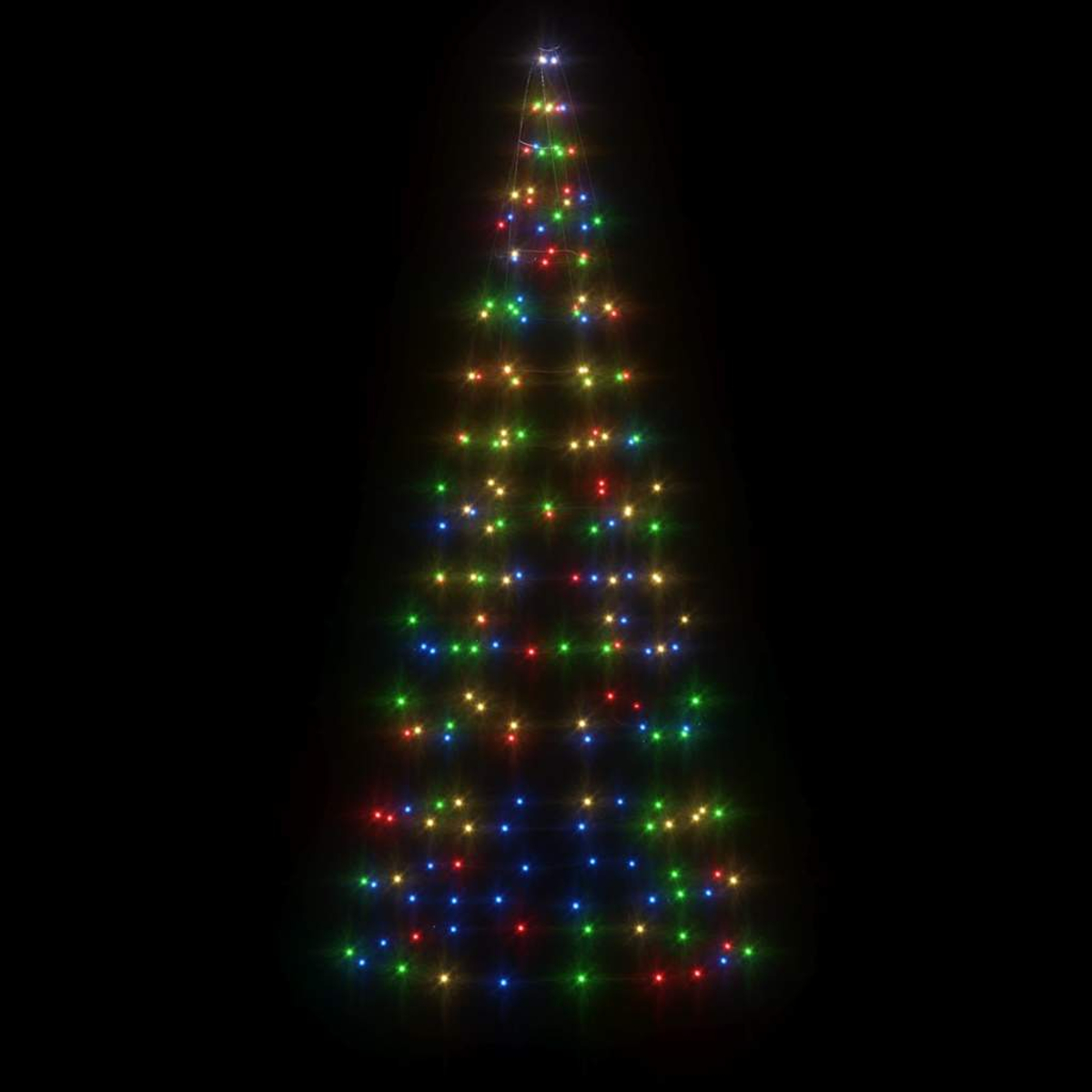 Ein kegelförmiger Weihnachtsbaum aus bunten Lichtern auf schwarzem Hintergrund.
