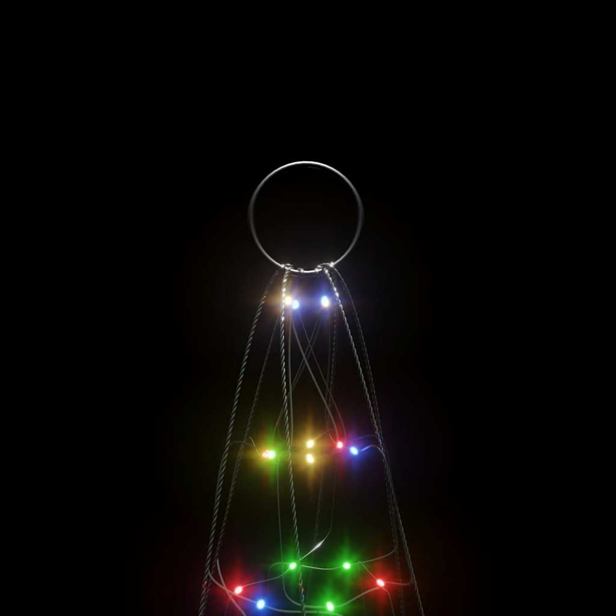 Ein silberner Ring hält bunte Lichter, die an Schnüren hängen.