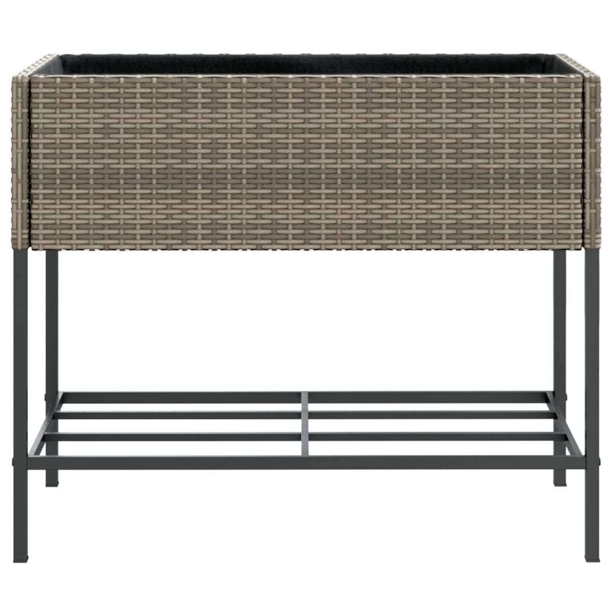 Una fioriera rialzata rettangolare con intreccio in rattan grigio e rivestimento scuro su telaio metallico.