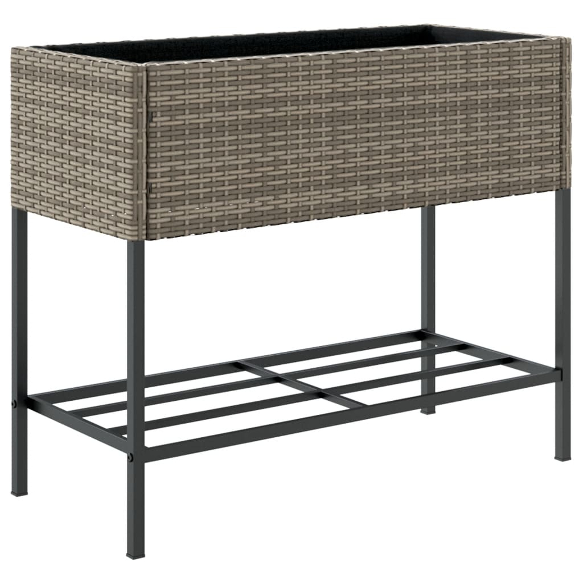 Fioriera rettangolare in rattan grigio su supporto in metallo nero con ripiano.