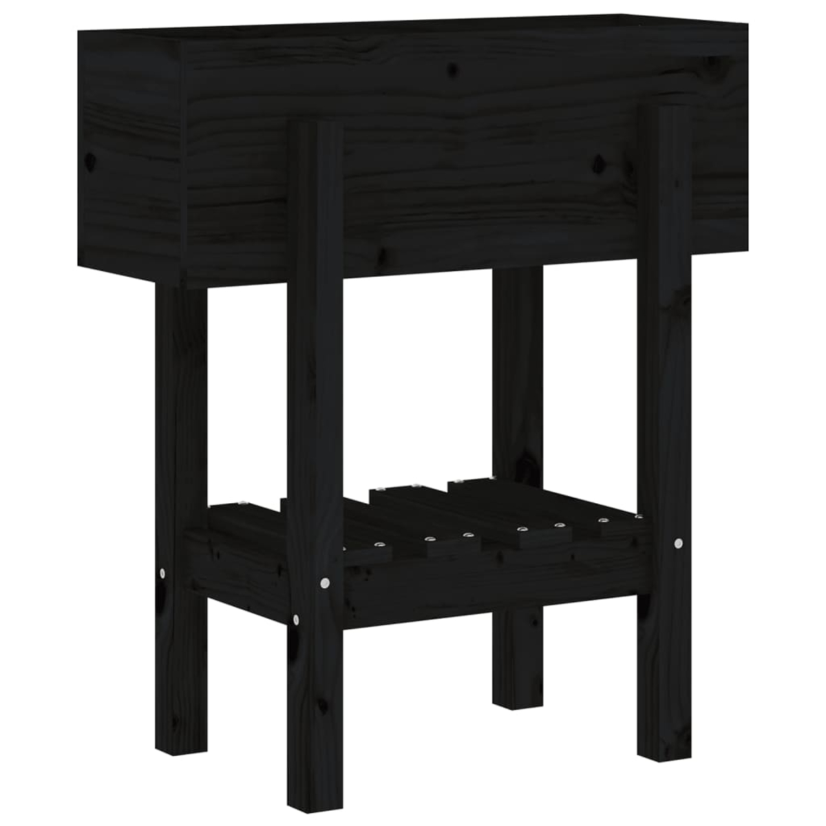 Schwarzes Holz-Hochbeet mit zwei Ebenen und Beinen.