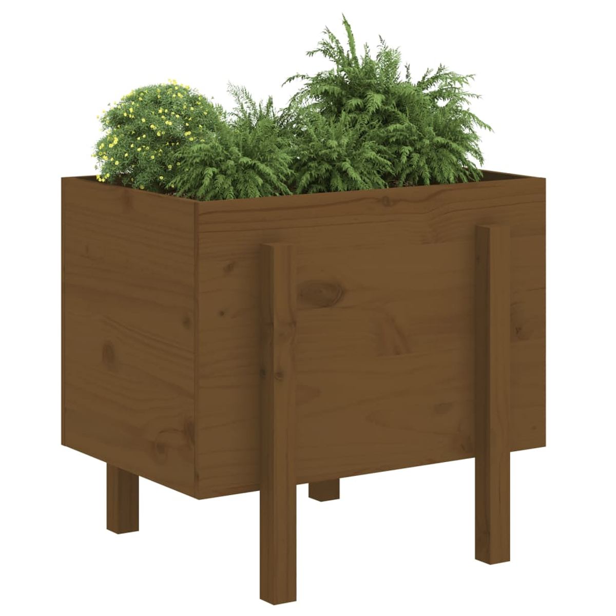 Ein brauner Holzpflanzer mit vier Beinen und grünen Pflanzen.