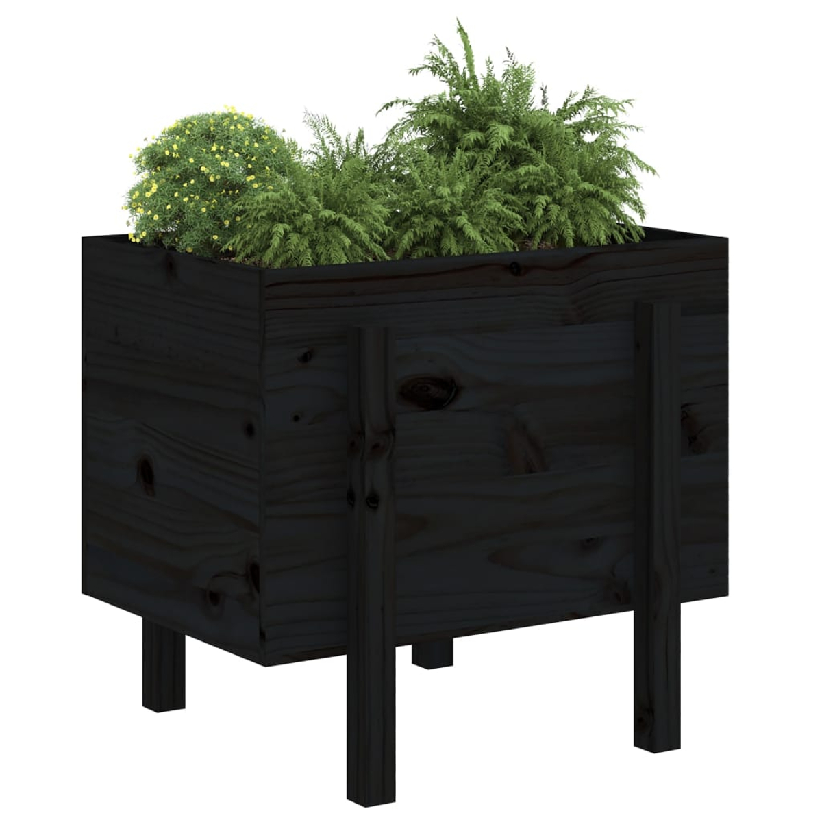 Ein dunkler Holz-Pflanzkasten mit vier Beinen, gefüllt mit grünen Pflanzen und gelben Blumen.