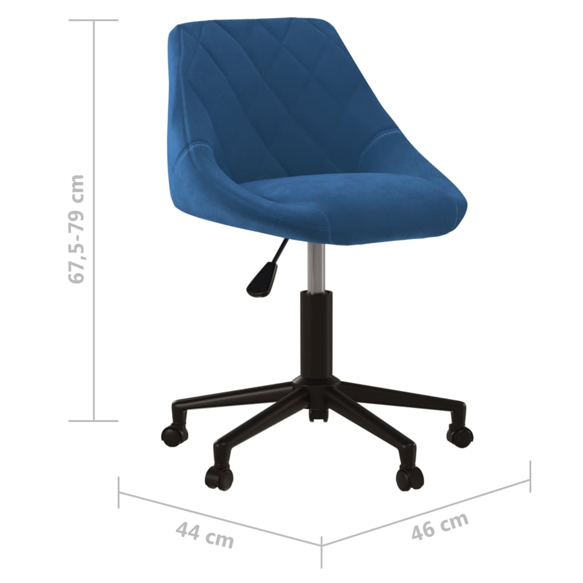 Ein blauer Bürostuhl auf Rädern mit Diamantsteppung und verstellbarer Höhe.