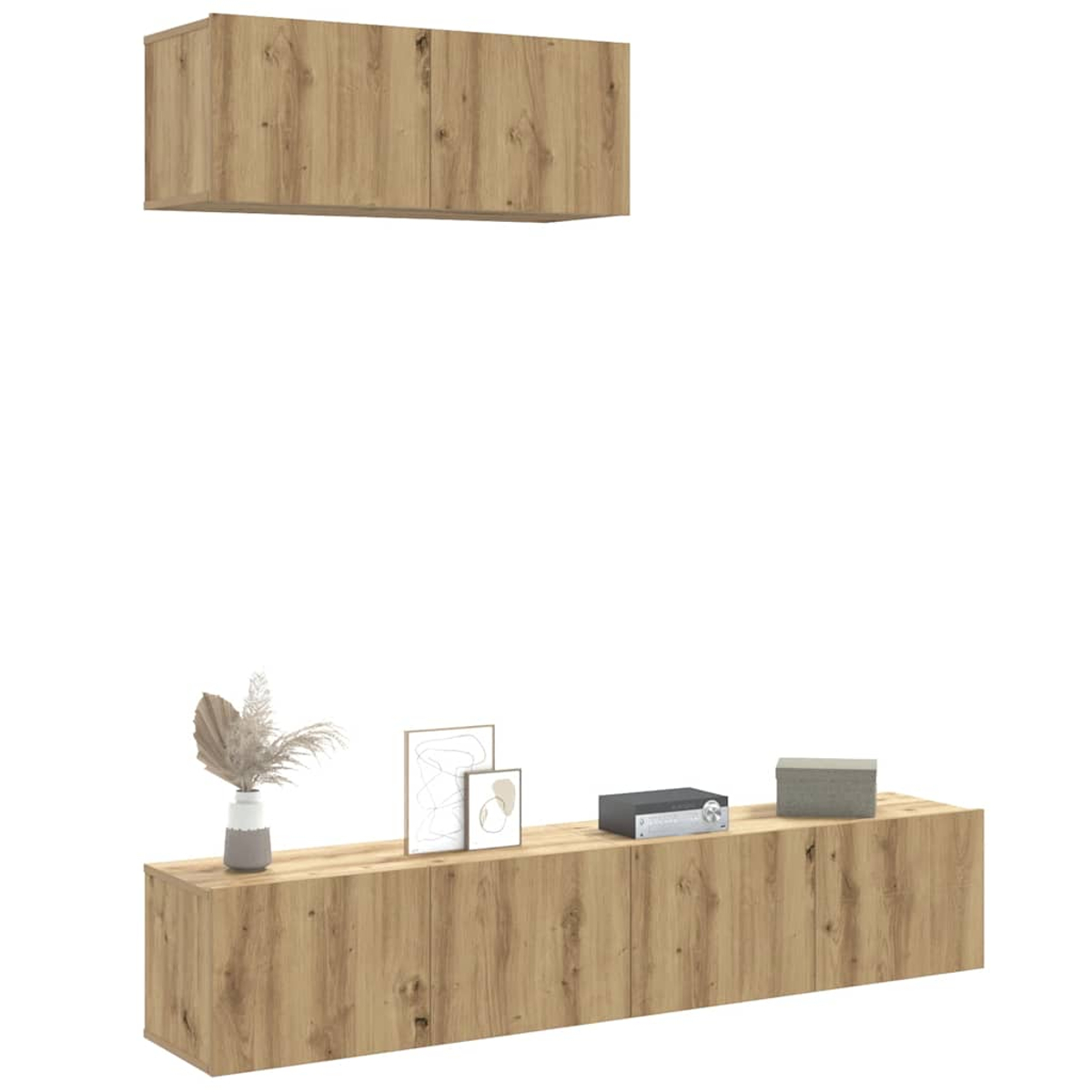 Ein hängender Holzschrank und ein langer Holzunterschrank mit Deko.