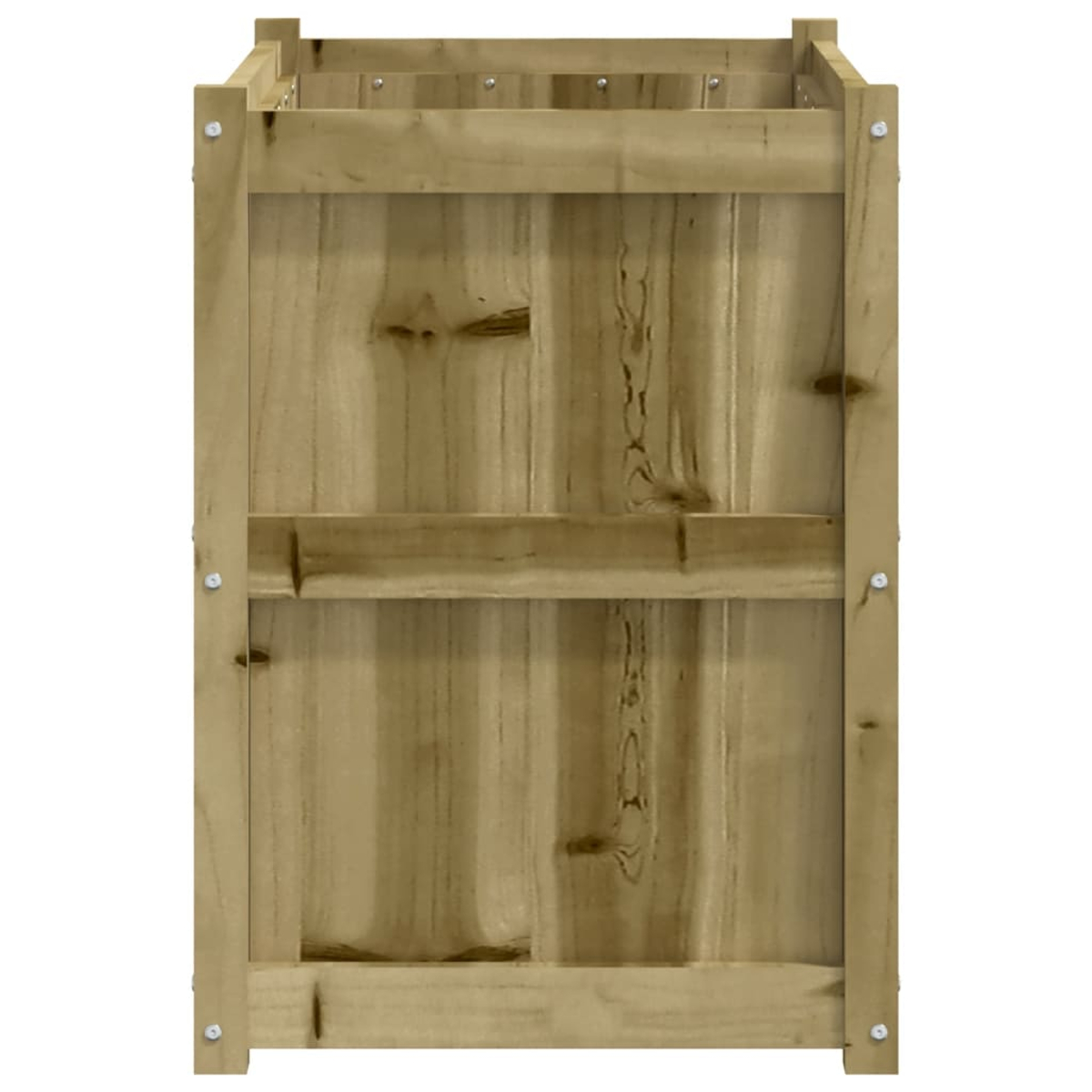 Ein rechteckiger Holzbehälter mit vertikalen Holzbrettern und horizontalen Verstrebungen.