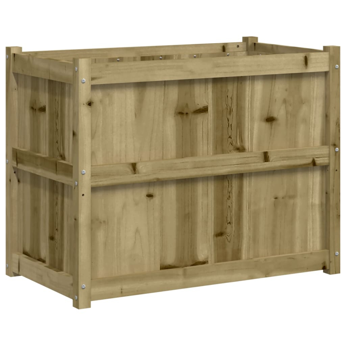 Eine hellbraune Holzlagerkiste mit vertikalen Brettern und horizontalen Streben.