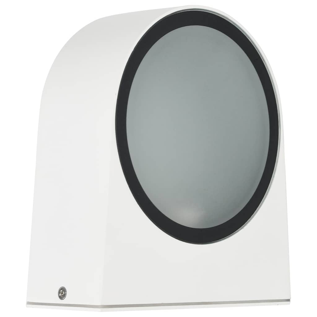 Eine weiße Wandleuchte mit einem schwarzen Kreis und einem grauen Diffusor.