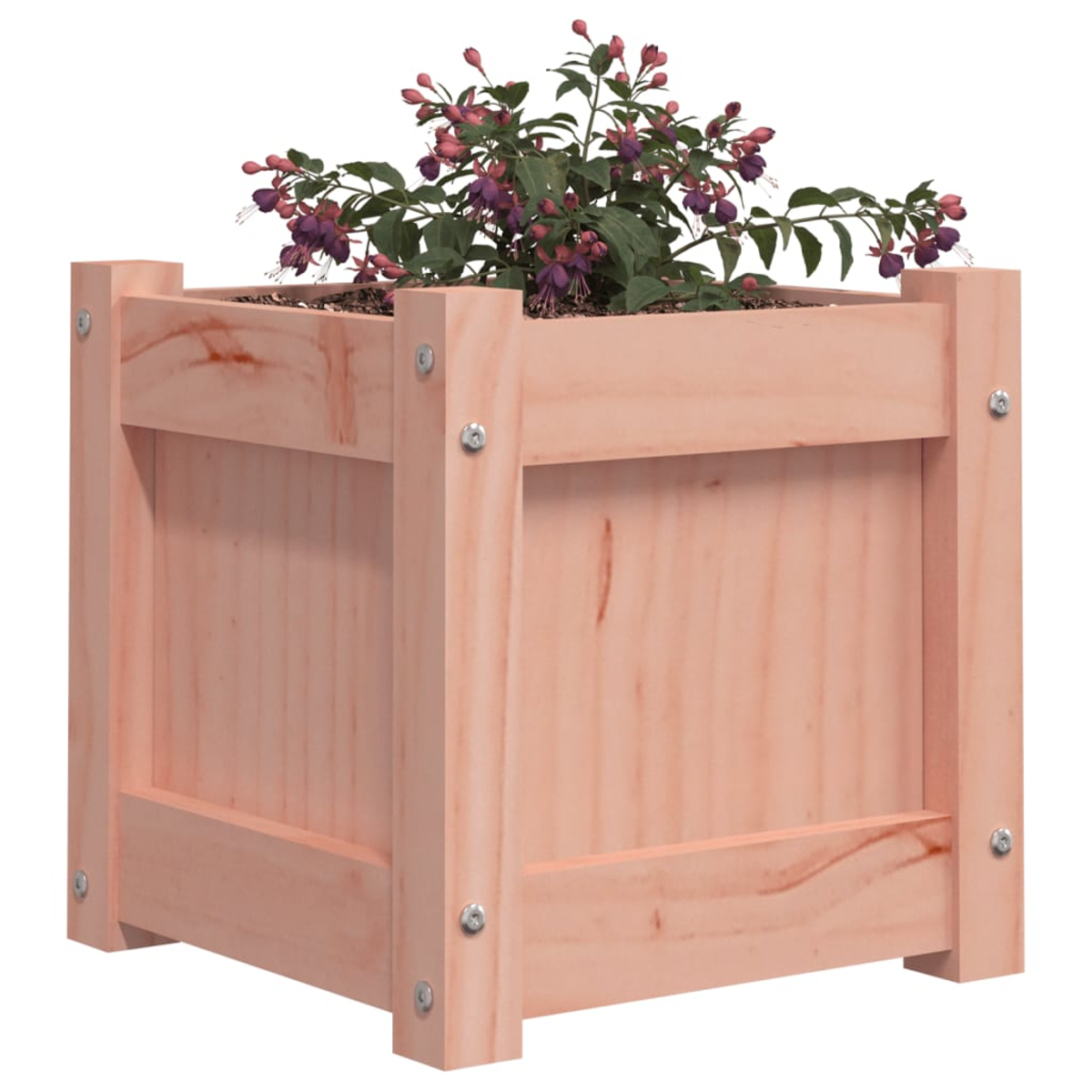 Ein hölzerner Blumenkasten mit lila Blüten und grünen Blättern.
