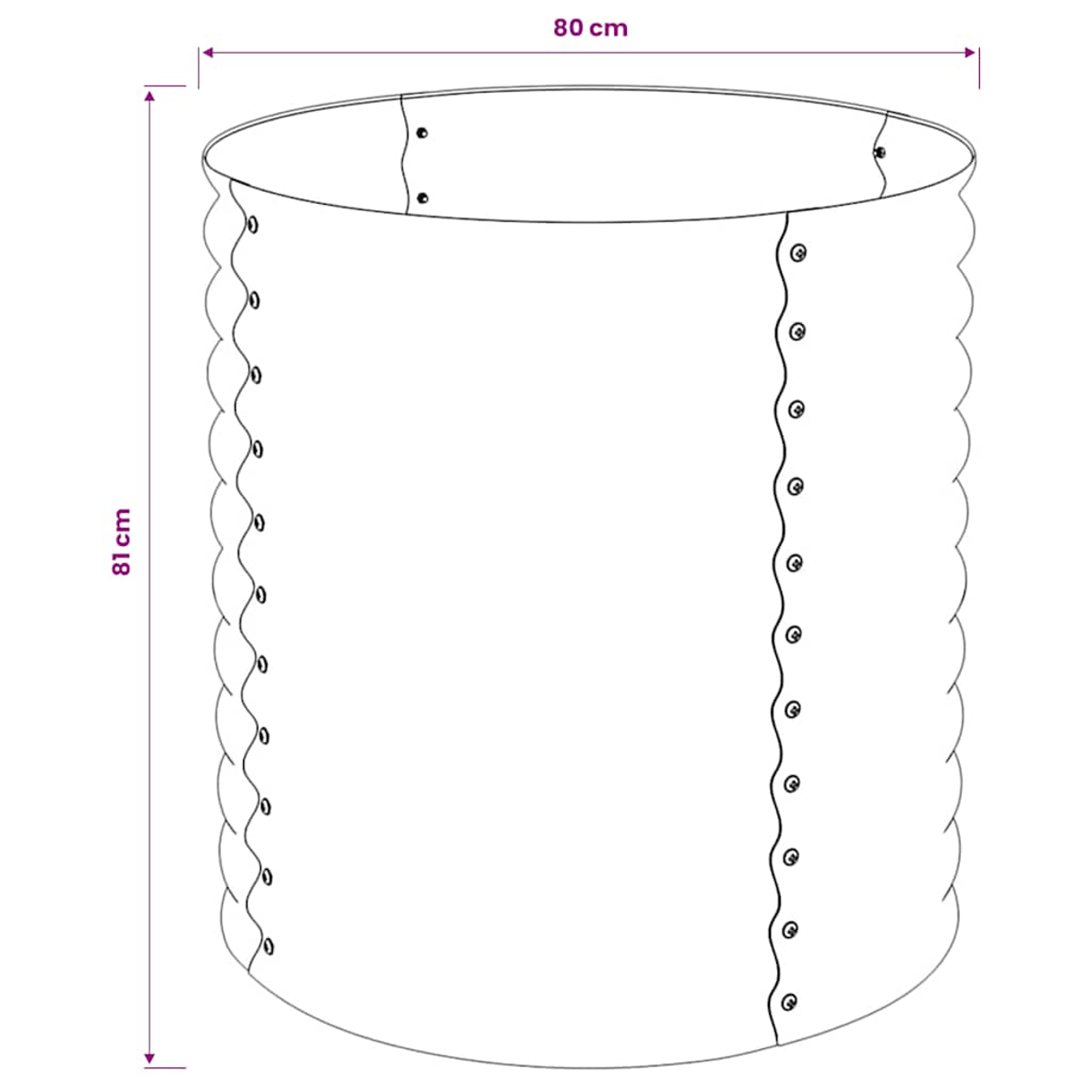Ein weißer zylindrischer Behälter mit Wellenrand, 80 cm breit und 81 cm hoch.