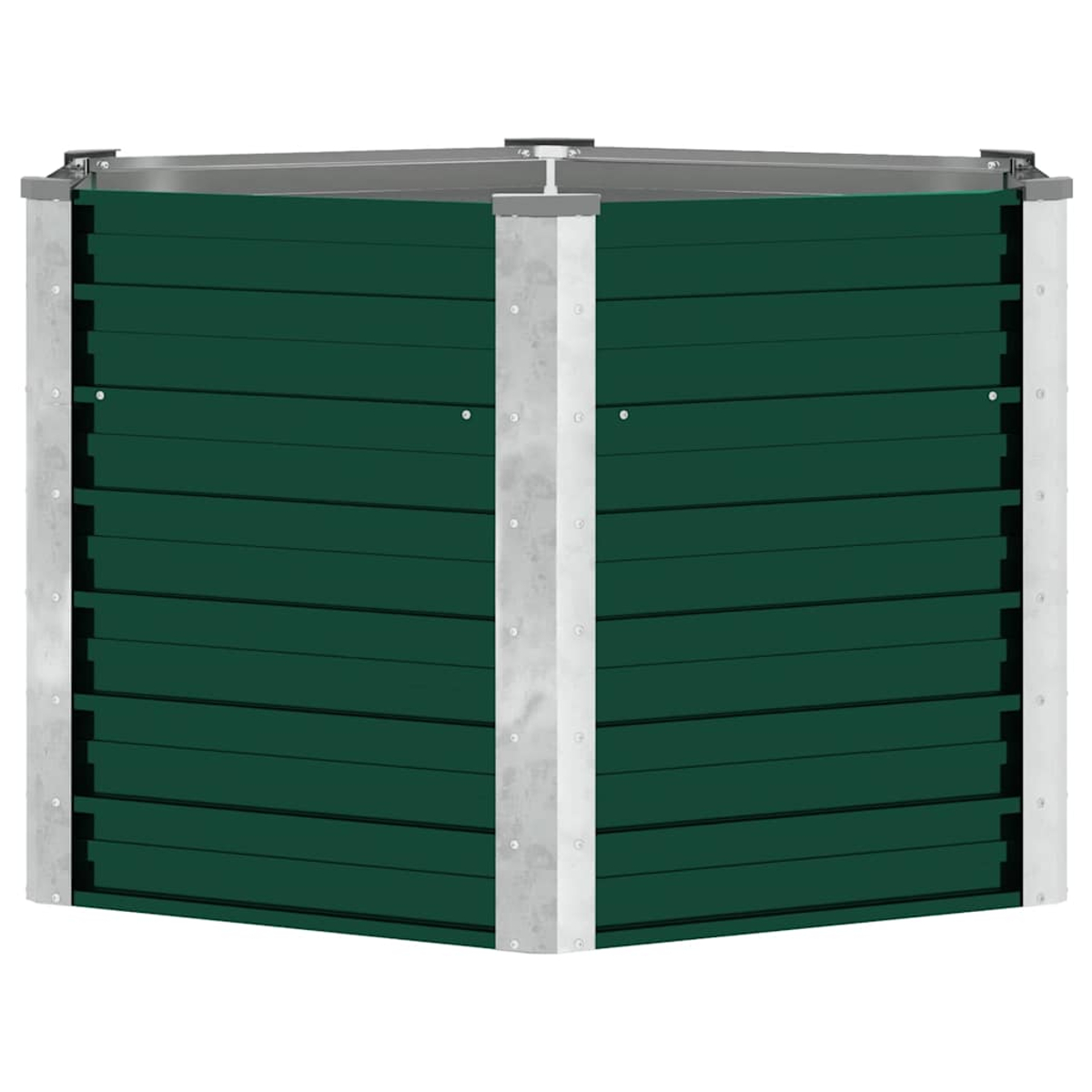 Eine grüne Hochbeet-Ecke mit Metallstützen, auf weißem Hintergrund.