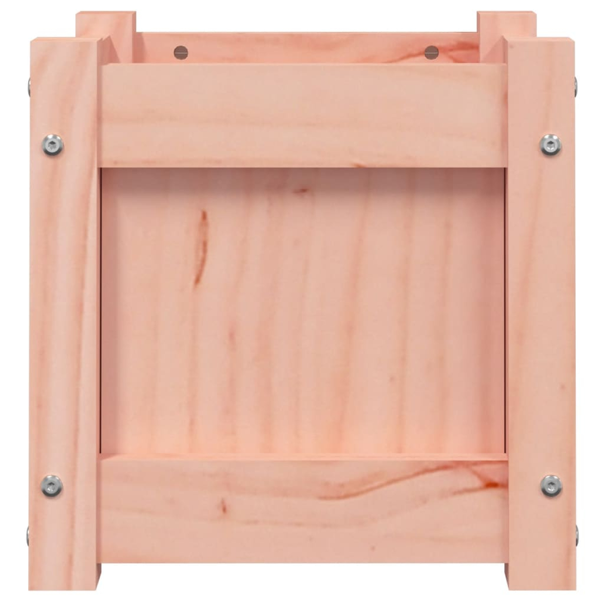 Eine hölzerne Kiste aus hellrosa Holz mit sichtbarer Maserung und Schrauben.