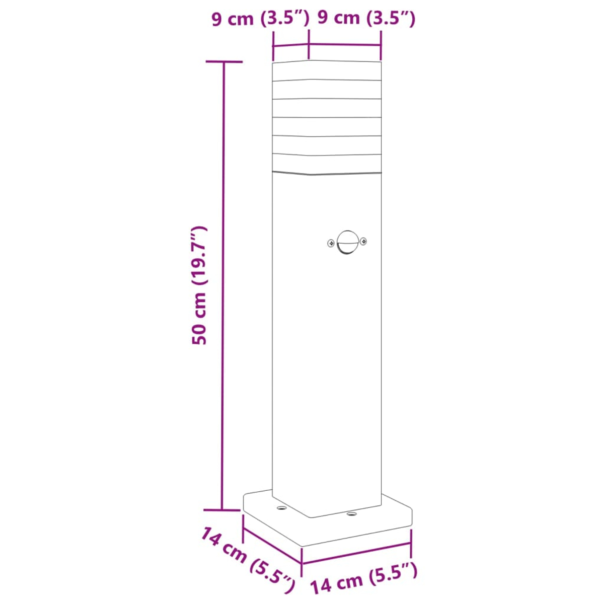 Ein weißer Pfosten mit Maßen: 50cm H, 9cm B, 14cm L.