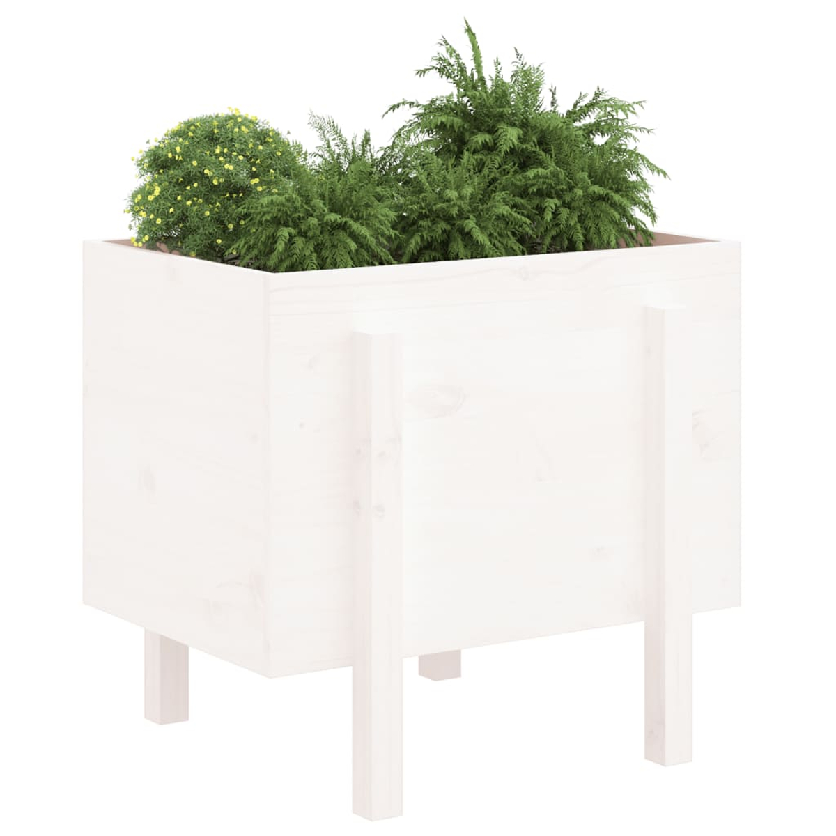 Ein weißer Holzpflanzer mit grünen Pflanzen und gelben Blumen darauf.