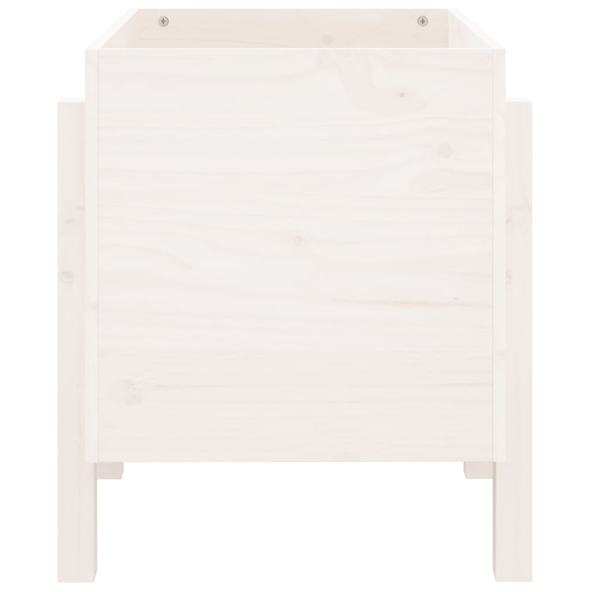 Ein weißer Holzwürfel auf vier Beinen, frontal gezeigt.