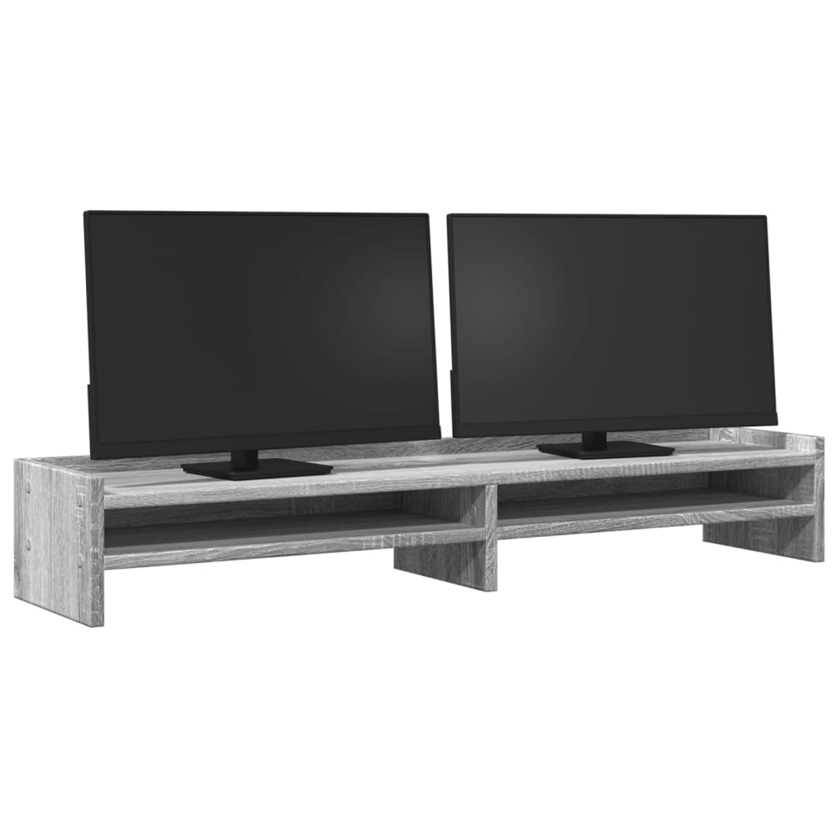 Ein Holzständer mit zwei schwarzen Monitoren und Ablagen.